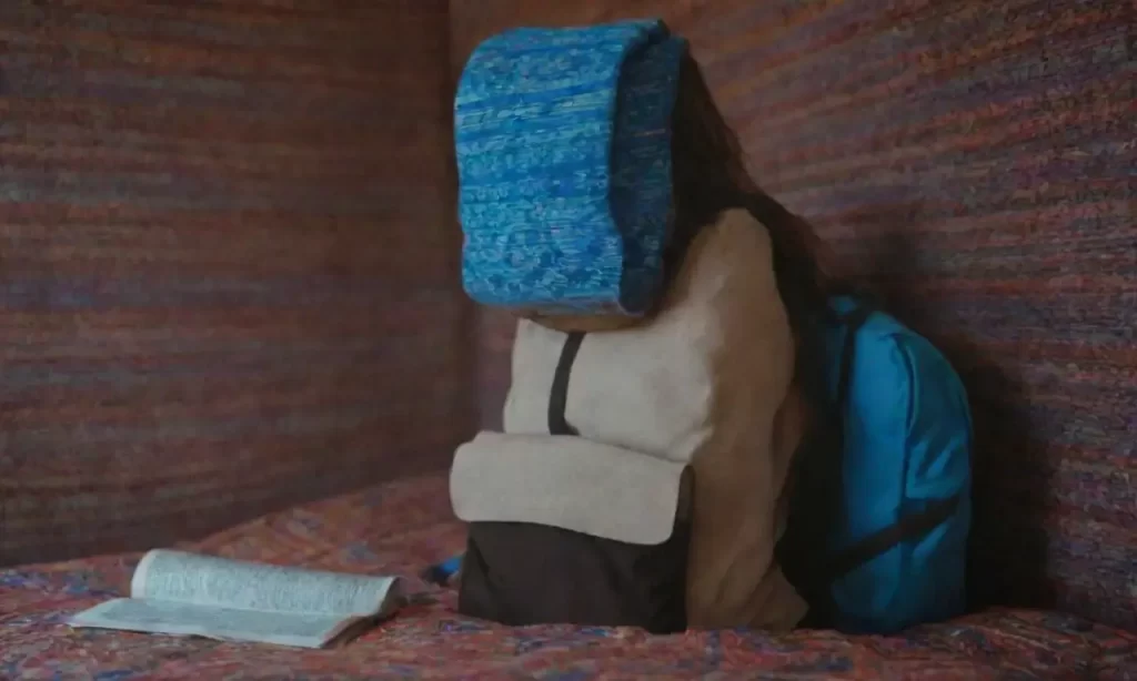 Un estudiante con una laptop que brilla en azul neón se refleja en sus ojos