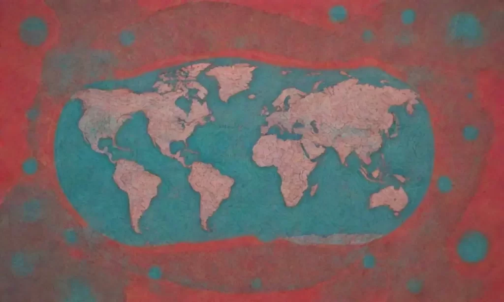 Un collage vibrante de símbolos: mapas mundiales flotando en tinta turquesa contra un atardecer rubí