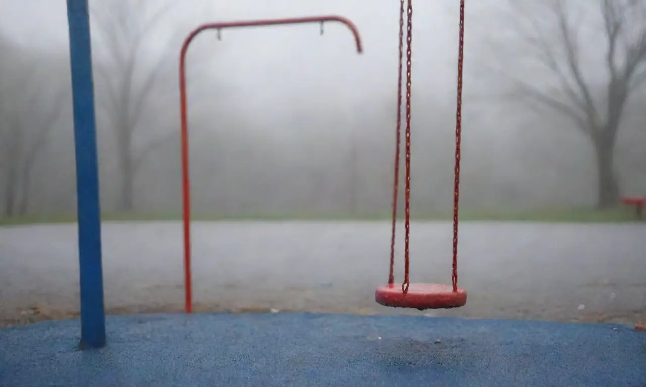 Paisajes azules, con textura de hormigón empapado en lluvia, se pintan sobre un jardín escolar, mientras un pórtico rojo y solo se alza bajo un cielo gris