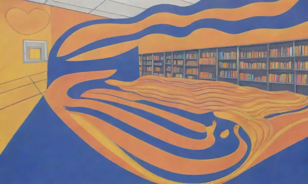 Un paisaje vibrante de naranjas y amarillas crea un plano que difumina con figurasabstractas de aulas, bibliotecas y rostros de niños. Líneas azules profundas recorren la pintura de arriba a abajo, algunas onduladas, otras rectas, representando redes complejas y decisiones políticas