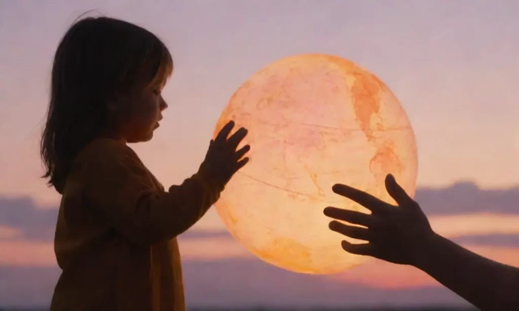 Un dibujo de mano enseñando con un globo y un vaso en un atardecer vibrante. (A drawing of a hand teaching with a globe and a glass in a vibrant sunset.) **Explanation:** * Un dibujo de mano... means a drawing of a hand...* ...en un atardecer vibrante means ...in a vibrant sunset. This captures the essence of the imagery concisely