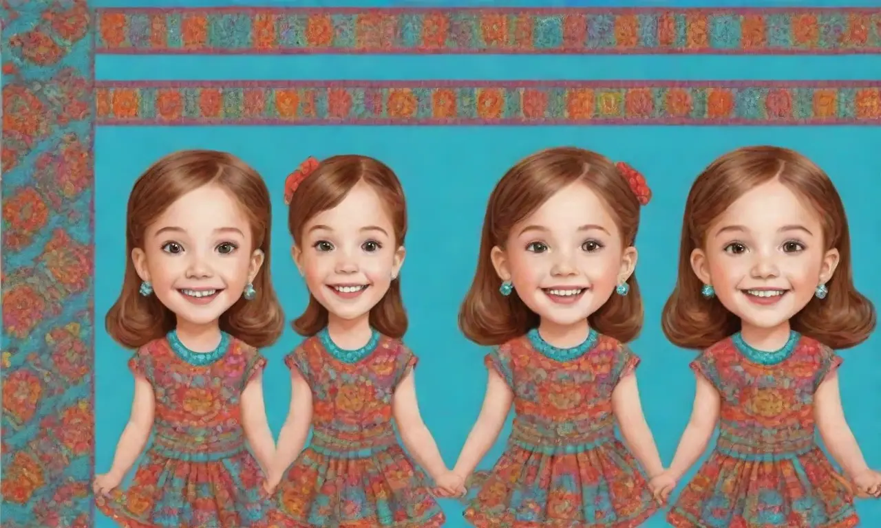Retratos caleidoscópicos de niños sonriendo con ropa brillante, rodeados por tapicería y un fondo turquesa suave