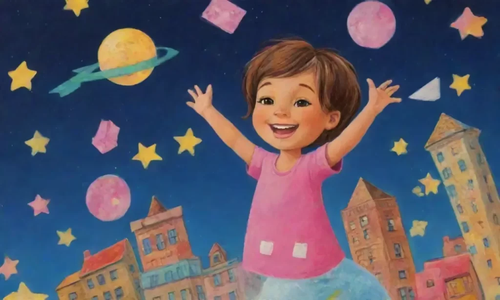 Los niños alegres brillan con un backdrop estrellado y una vibrante escena urbana