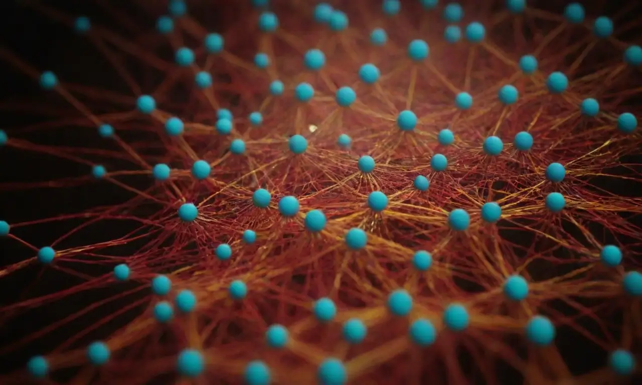 Las redes brillan con un azul turquesa, con datos fluyendo en rojo y amarillo