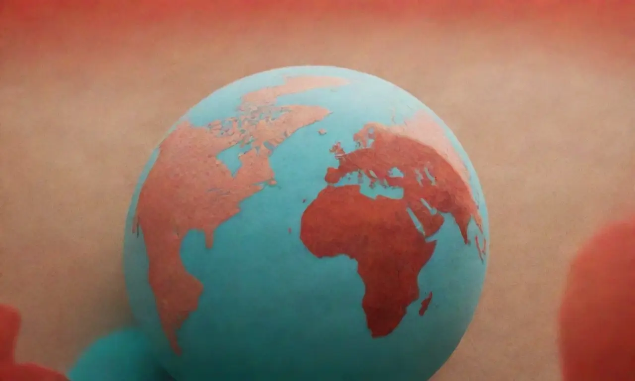 Los mapas globales se despliegan con un cielo turquesa y arena de color ocre que se fusionan en una red de puntos