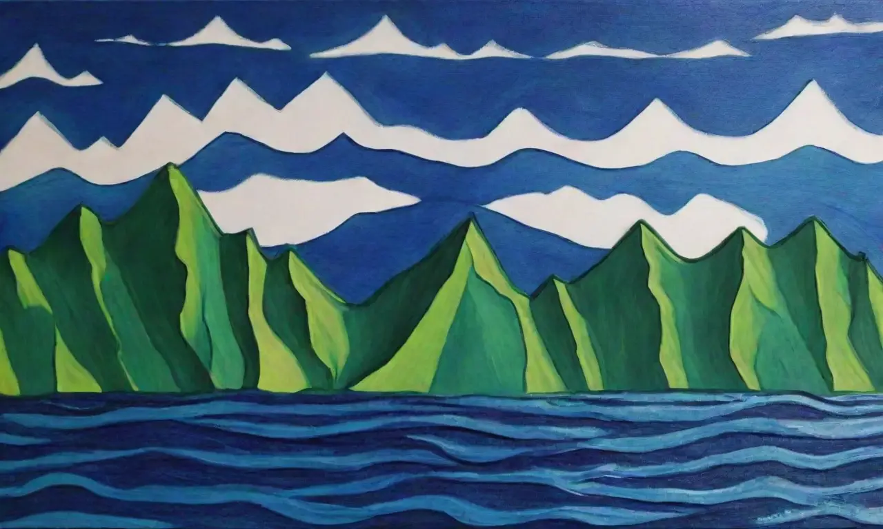 Ceras montañas se alzan, sus aguas reflejan un patrón de pincelada y la textura del lienzo. **Translation:** Green mountains rise, their reflections are seen in deep blue water, where wavy strokes of artistic brushstrokes cover a textured canvas