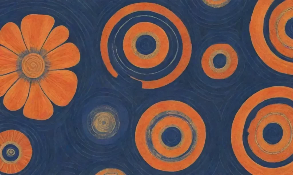 Las formas abstract irradian oro en tonos de azul profundo; un espiral naranja serpentea entre las líneas