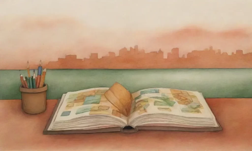 Un paisaje de acuarela se expande sobre papel con libros abiertos y manos que esculpen trazos en pergaminos