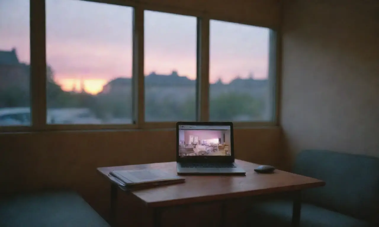 Las pantallas de portátiles inundan las mesas de estudio con luz mientras el cielo se desvanece en un tenue atardecer