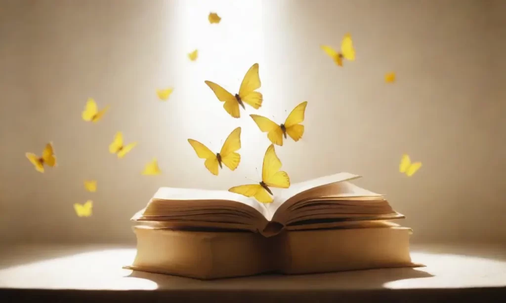**Los mariposas amarillas se balancean sobre los libros con páginas que flotan en manchas de tinta bajo el sol.**