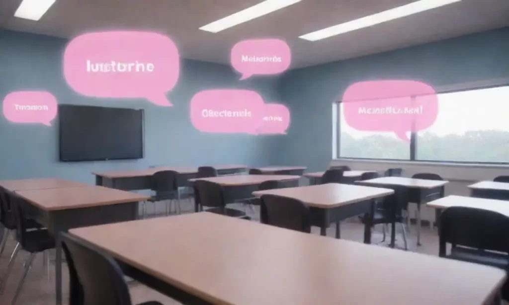 ¡Los burbujas de texto azules se elevan sobre las sillas vacías de la clase virtual