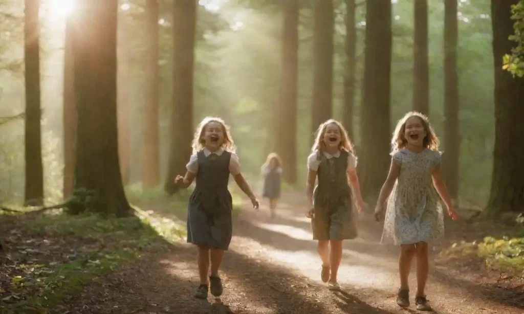 Los niños ríen al pasar por caminos de bosque con la luz del sol