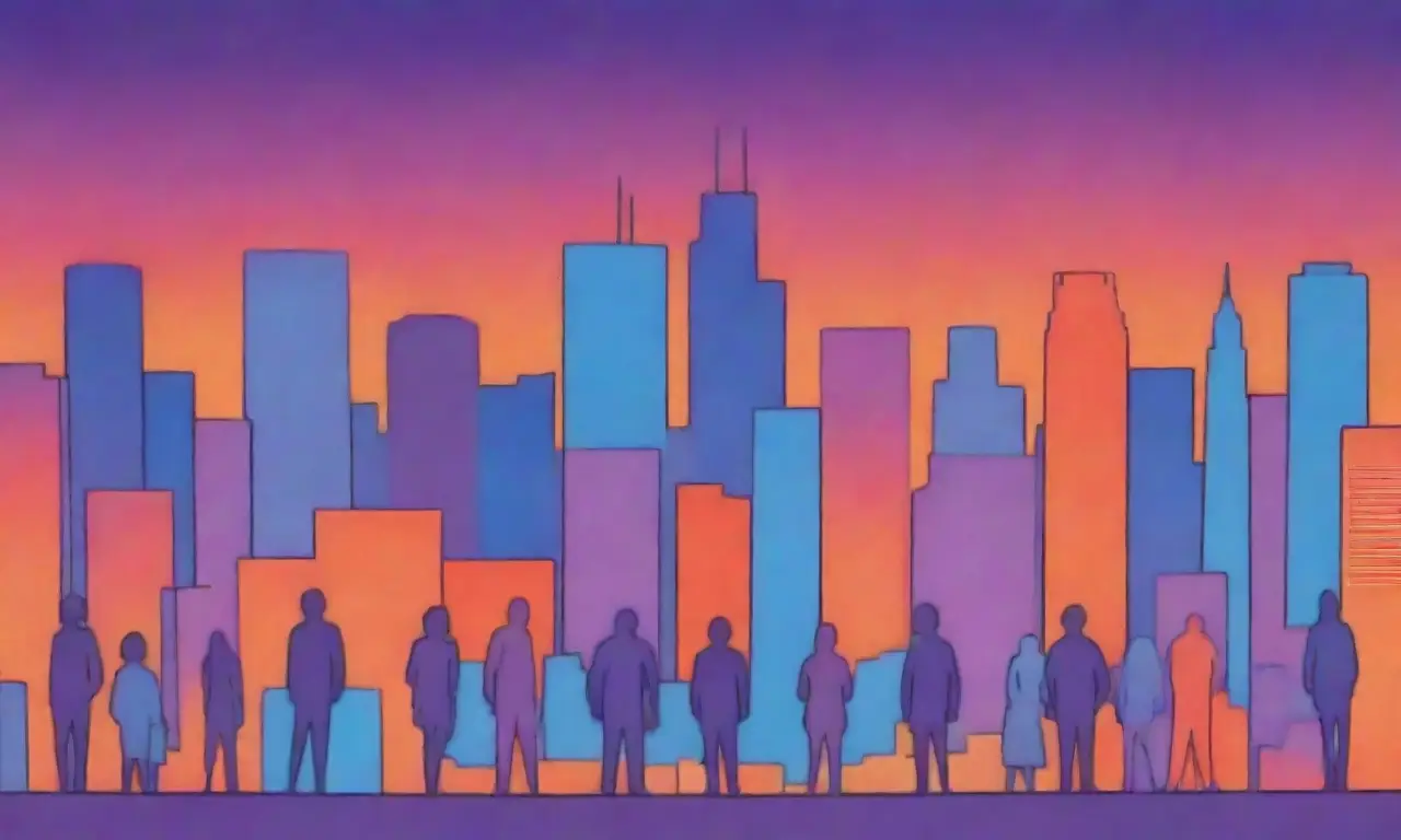 Una ciudad con colores azules y púrpura que se ve salpicada de siluetas humanas naranjas