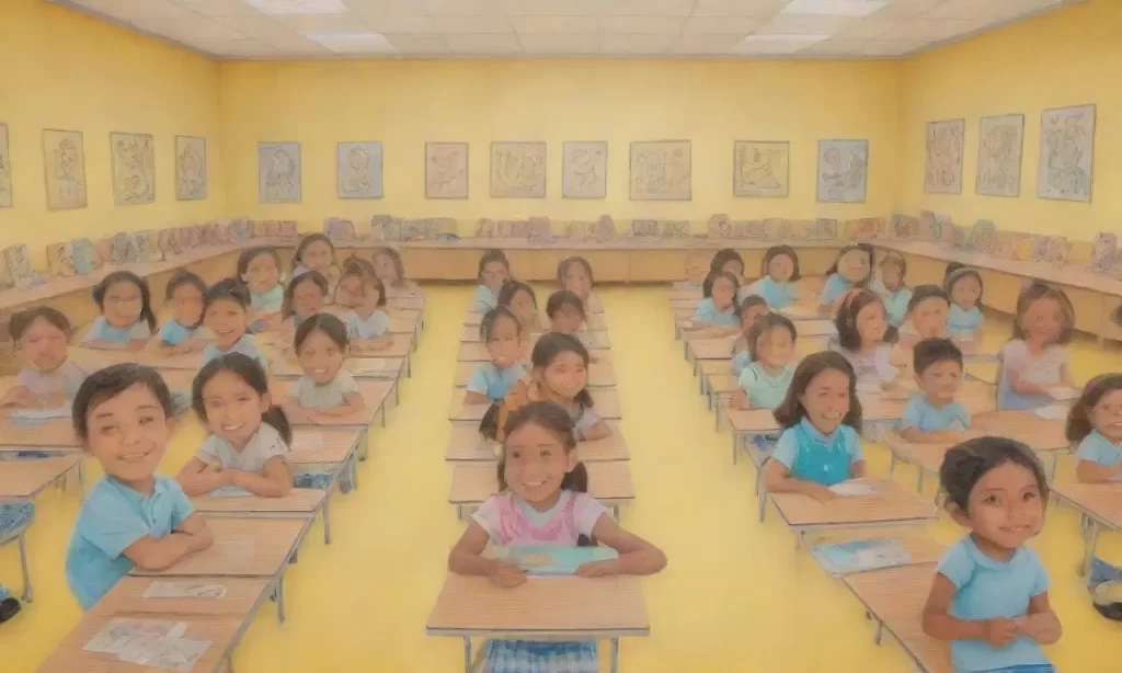 Una sala de clases vibrante con detalles en penachos y colores. (This translates to: A vibrant classroom with details in pencils and colors) Heres why this is very short and concise: * **Simplicity:** The sentence keeps the key elements (bustling classroom