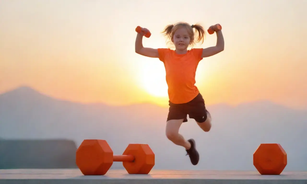 Dresos naranjas vibrantes, un amanecer en acuarela, danzan en el perfil del niño que salta, sobre una base geométrica de juego