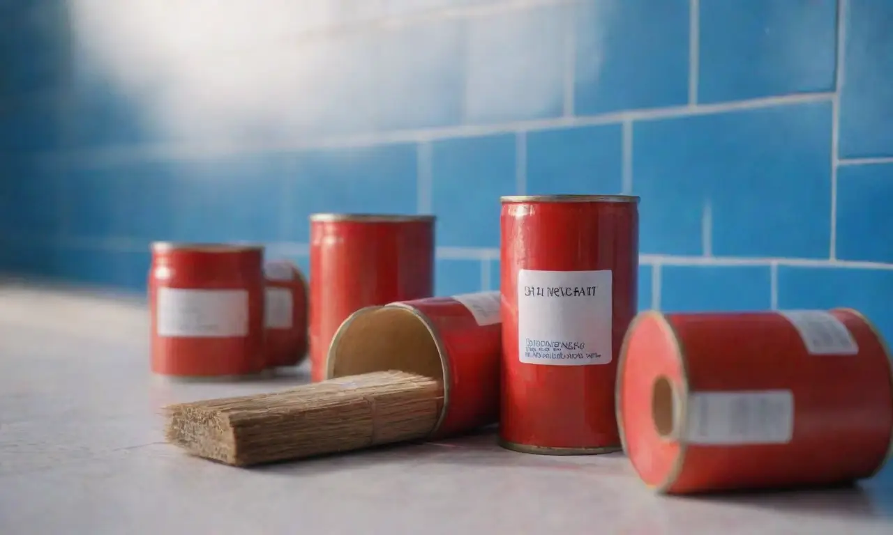 Cans de pintura roja, llamativas y con pincel, contra un fondo azul tile, el sol ilumina un cuaderno con un patrón dinámico