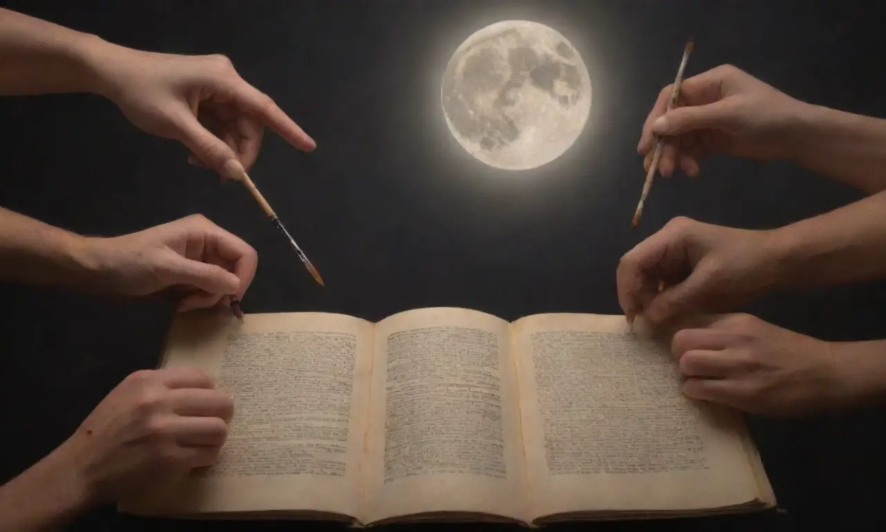 Manos diversas, con pinturas y libros, sobre pergaminos, iluminados bajo la luna plena. (translated to English) Hands various, holding brushes and books, on parchment, illuminated under the full moon.)