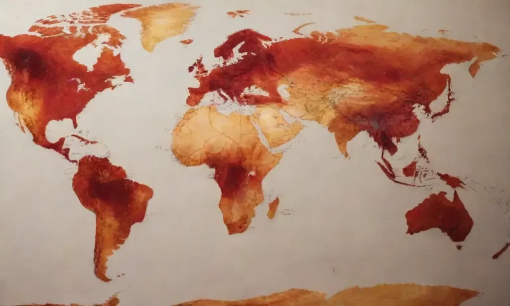 Las mapas del mundo muestran contornos que se desvanecen en tonos rojos y dorados
