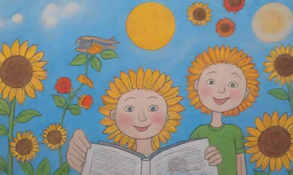 El cielo azul y las obras de niños crean una imagen mágica. (The blue sky and childrens drawings create a magical image.) **Heres why this works:*** **It captures the essence:** The sentence conveys the overall atmosphere and scene you describe