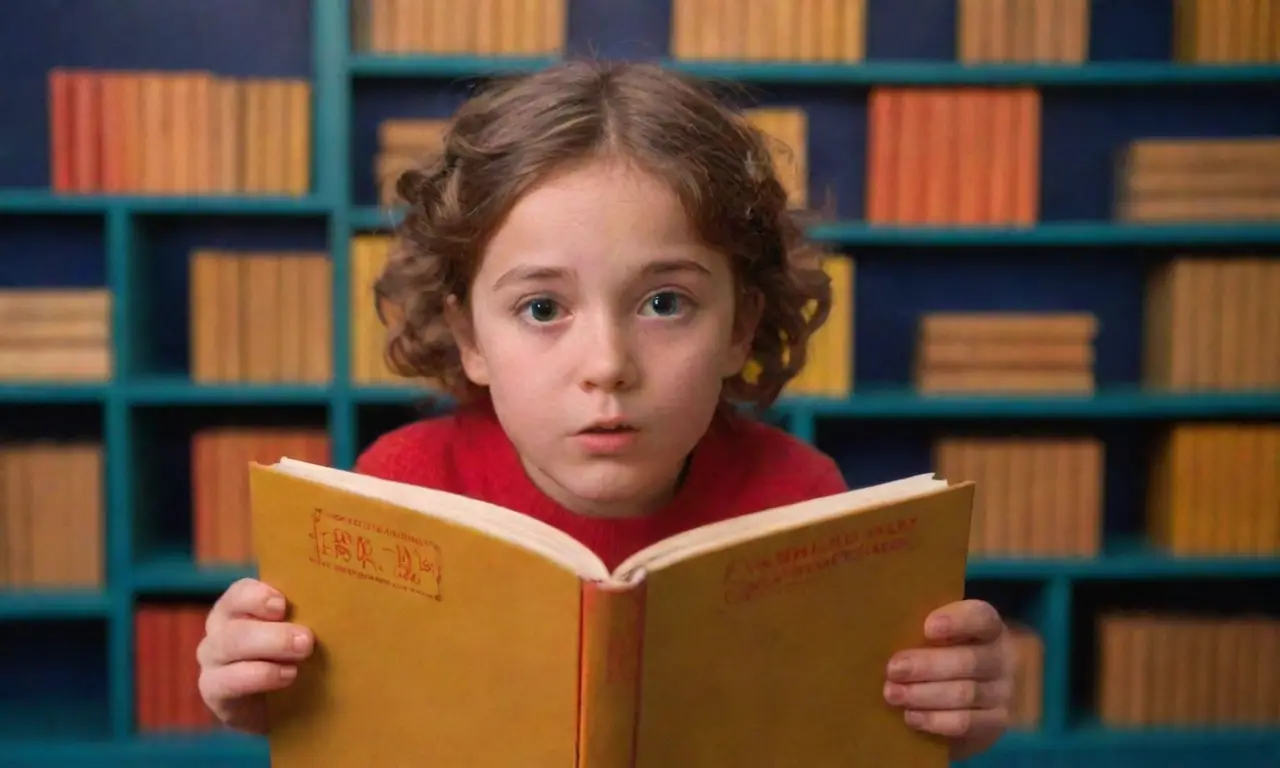 En una paleta de colores cálidos y sombras rojas, una niña escucha secretos en un libro