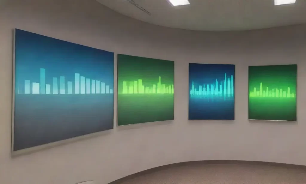 Los paneles de datos azules deslumbran mientras las tablas en tonos verdes llenan la pared