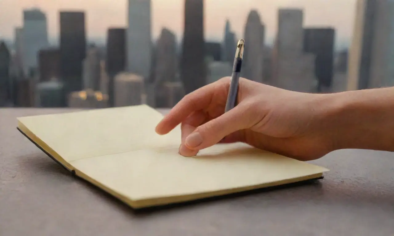 Una mano femenina acaricia un cuaderno de color pastel mientras se inclina hacia él