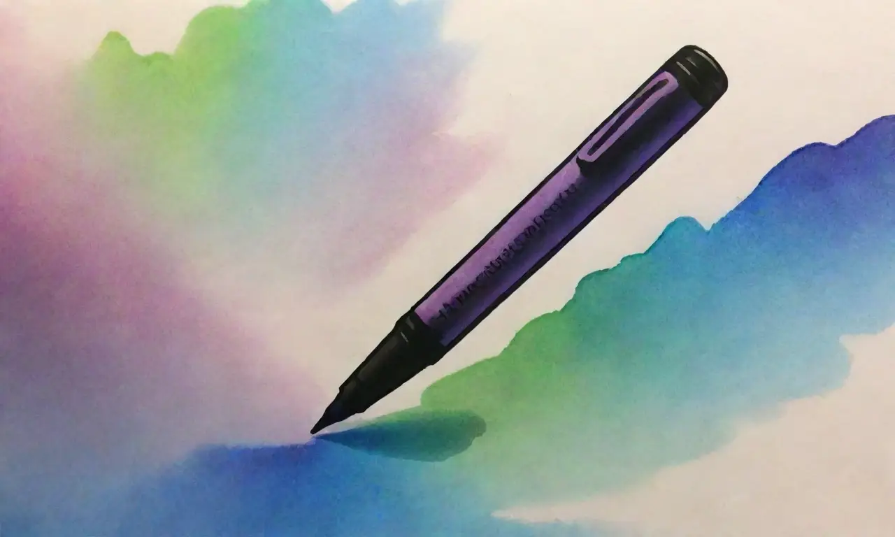 La pluma con tinta de purpur, azul y verde se escribe en papel blanqueado
