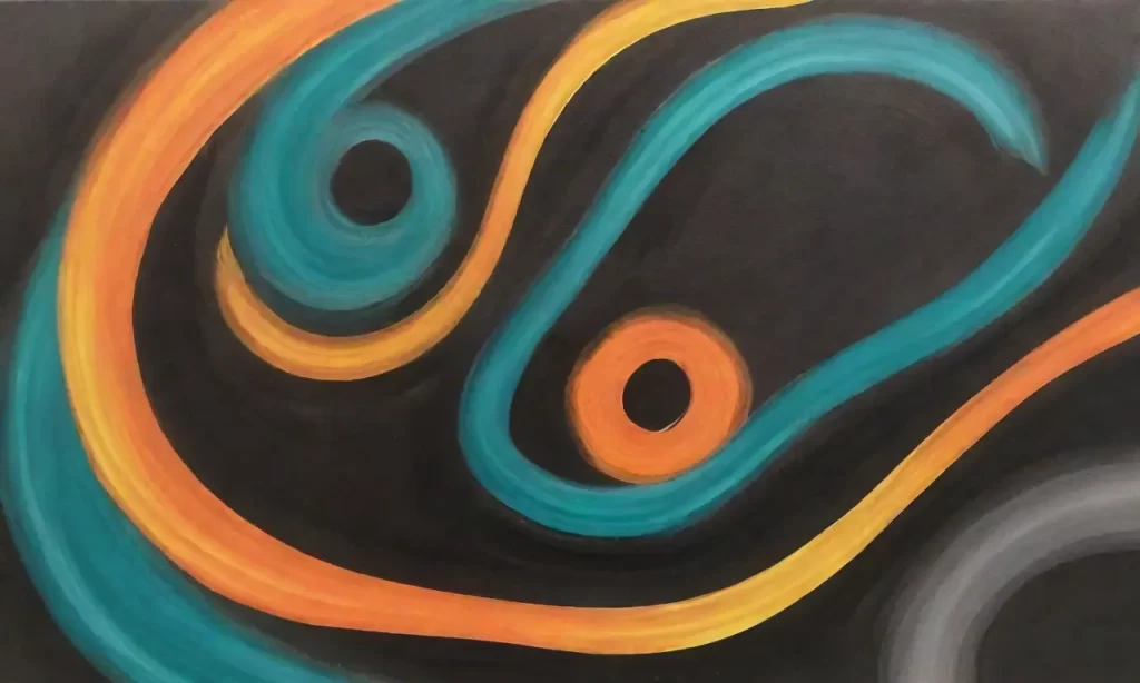 Formas abstractas de teal y ámbar se fusionan en un espacio entre galaxias que dan paso a una senda luminiscente hacia los sueños profesionales