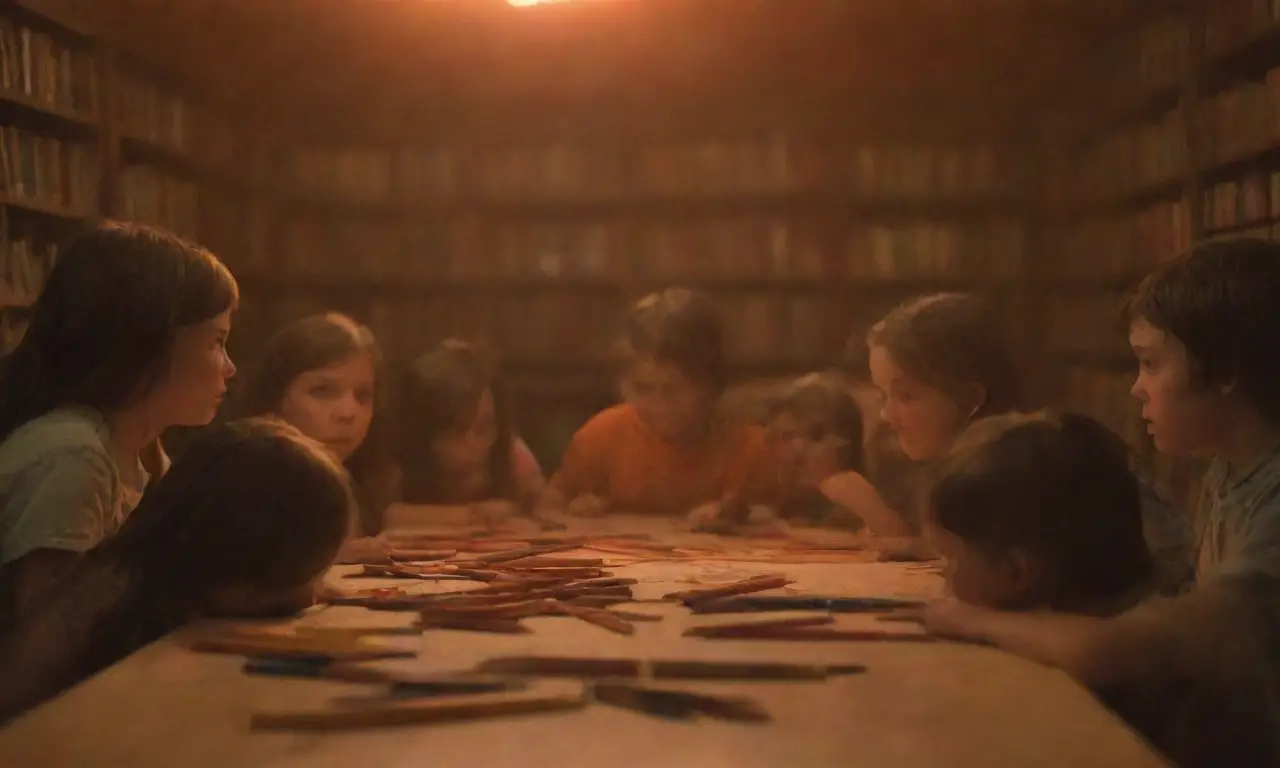 La biblioteca estaba llena de libros, sus pupitres con tonos naranja como el atardecer