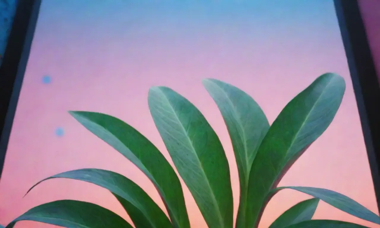 Las hojas verdes brotan entre figuras abstractas con azules y turquesas, bajo un cielo de rosas y naranjas y enmarcado por una cuadrícula punteada negra