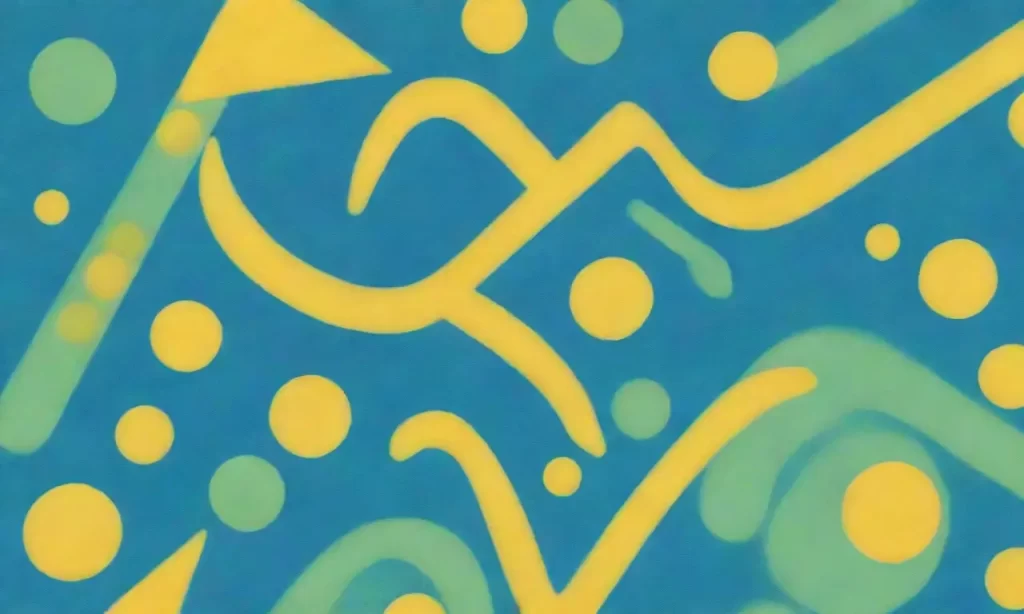 El fondo de arte abstracto presenta formas geométricas alegres en azul y amarillo con puntos verdes pastel que difuminan sutilmente