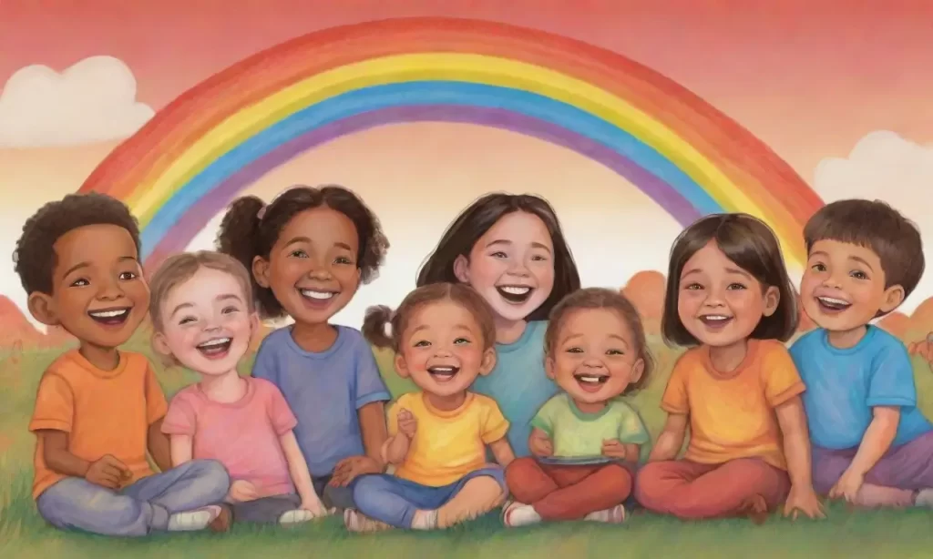 Los niños ríen bajo un cielo de colores mientras la luz del atardecer se mezcla en el horizonte