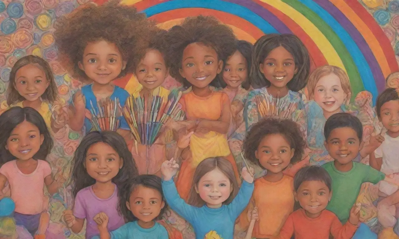 Pinturas coloridas y dibujos de niños crean un colorido espectáculo