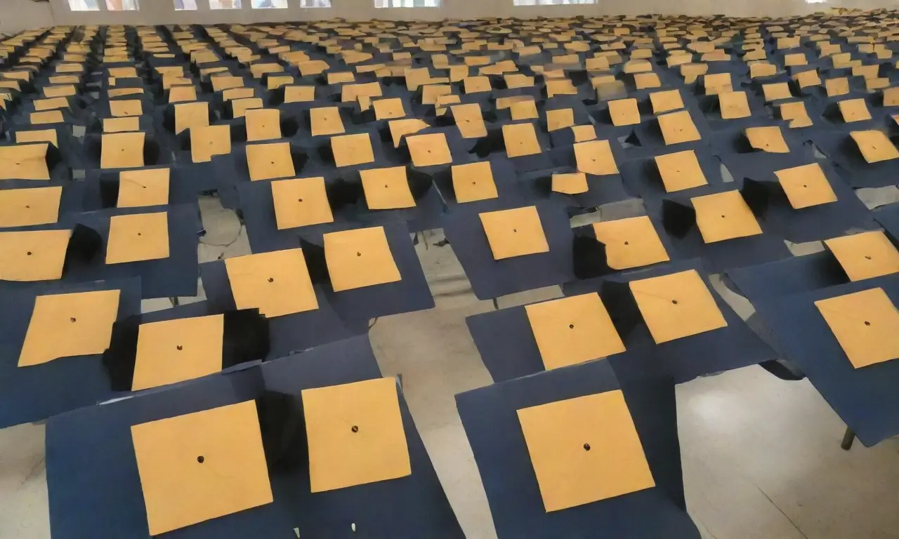 Las pantallas de laptops reflejan historias en los cascos graduandos, aunque ya gastados