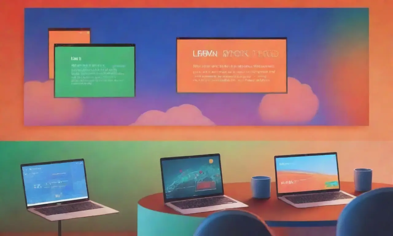 Un banner web vibrante con una luz anaranjada muestra laptops de distintos colores y nubes digitales