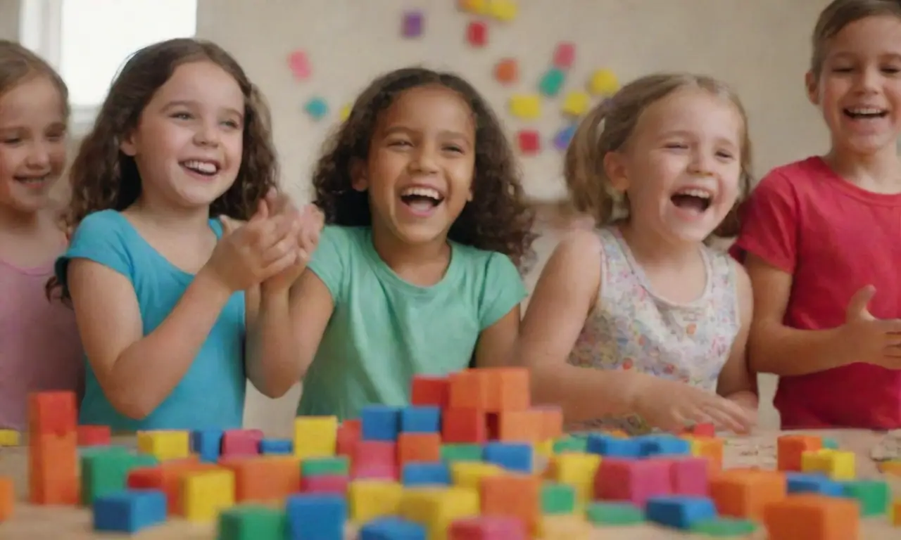 Los niños rigen un juego colorido y se ríen