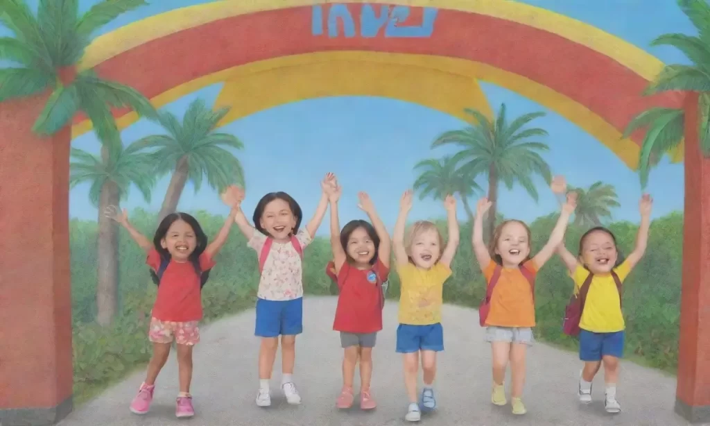 Un colorido paraíso escolar bajo un cielo azul