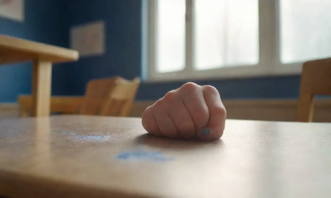 Una mano infantil de color azul pinta nubes en un aula de escuela