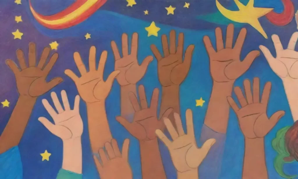 Manos de niños de diferentes culturas pintan juntos bajo un cielo estrellado
