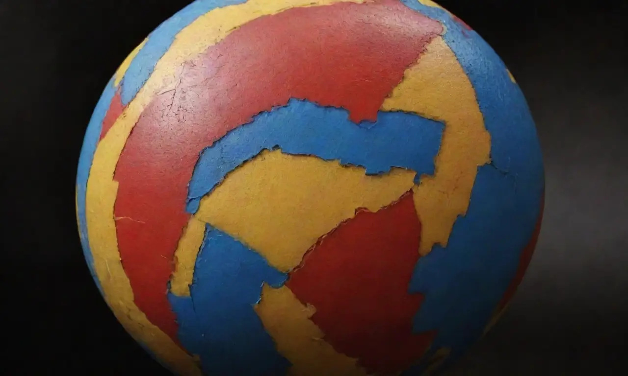 El globo fragmentado con líneas azul, amarillo y rojo baila. (The fragmented globe dances with azure, yellow and red lines.)