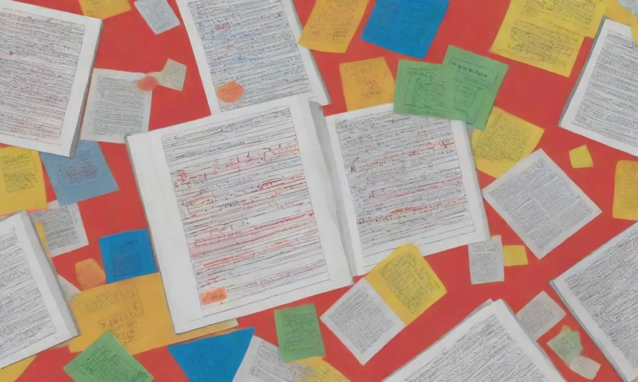 Un plano en tonos grises con texto rojo y material académico se ve salpicado