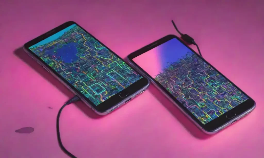 Las placas de circuito se reflejan en el cielo neón mientras los celulares brillan en las pantallas