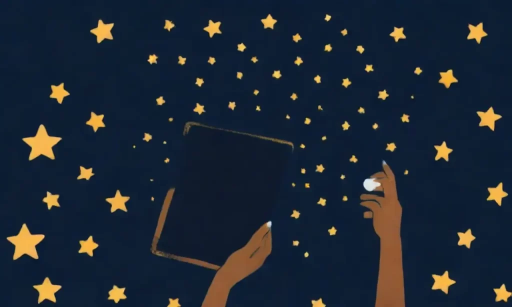 Un diseño estilizado de estrellas doradas y blancas brilla en un fondo negro