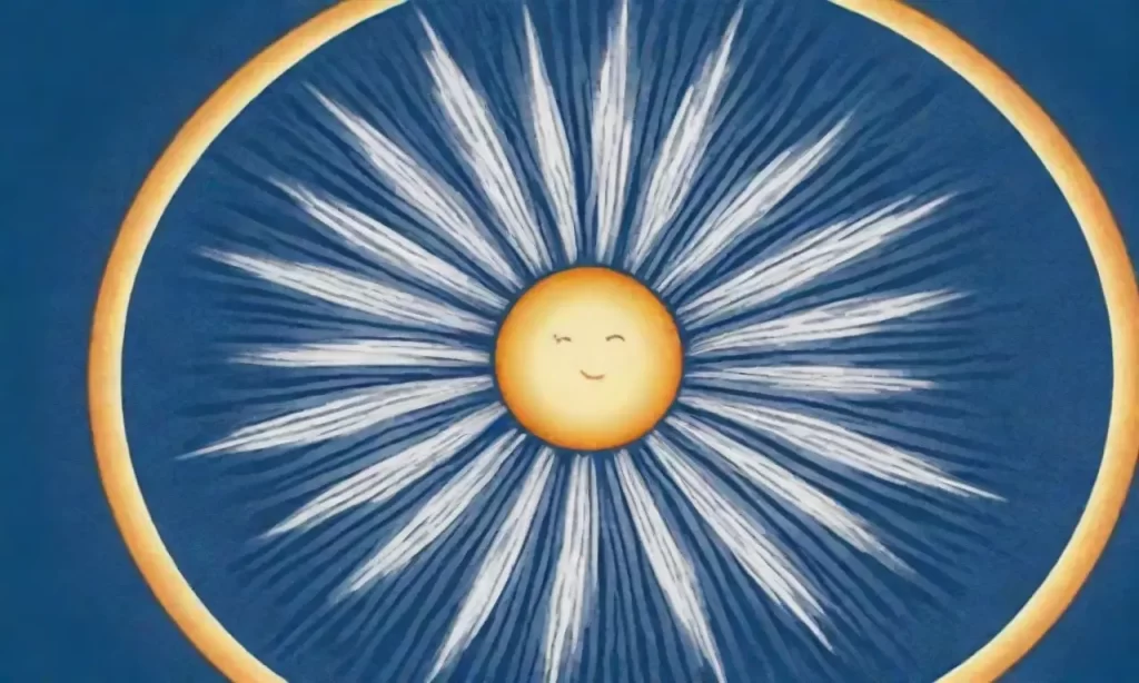 Un fondo abstracto azul con palabras blancas que rodean a un sol brillante. **(A blue abstract background with white words that surround a glowing sun)**