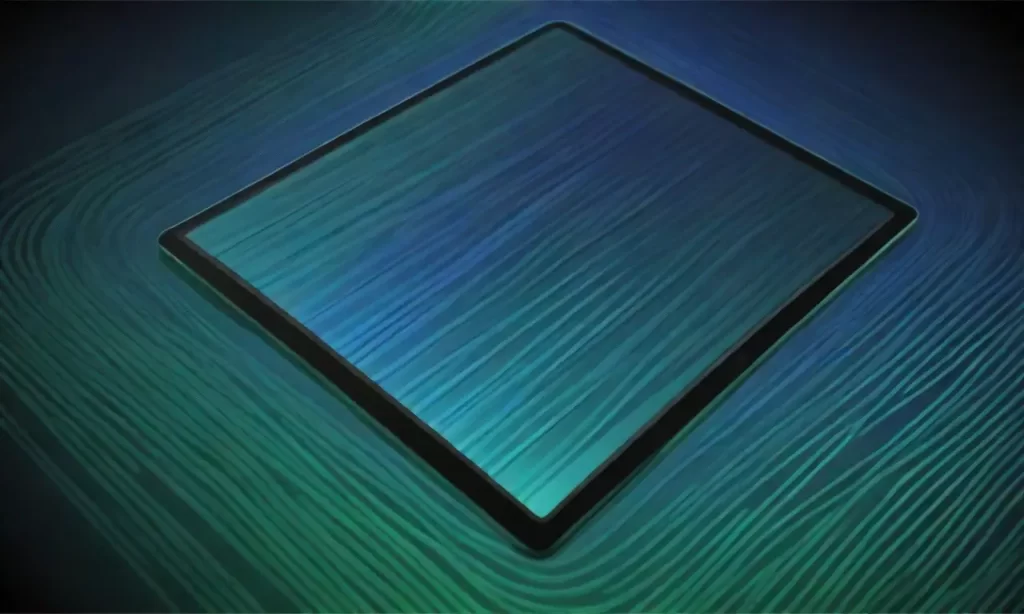 Pantalla de tableta con gradient y datos digitales abstractos geométricos