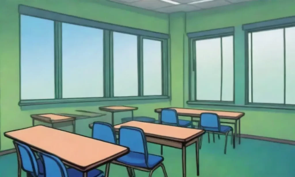 Página de un libro de texto con colores de azul a verde y un borroso fondo de aula
