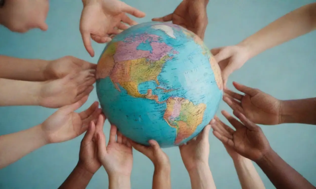 Rostros diversos con sonrisas, manos que aprenden se acercan a un globo estilizado