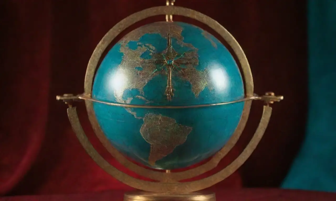 Mapas conectados con datos fluorescentes y un amuleto de oro. (Translated: Connected maps with glowing data and a gilded pointer)