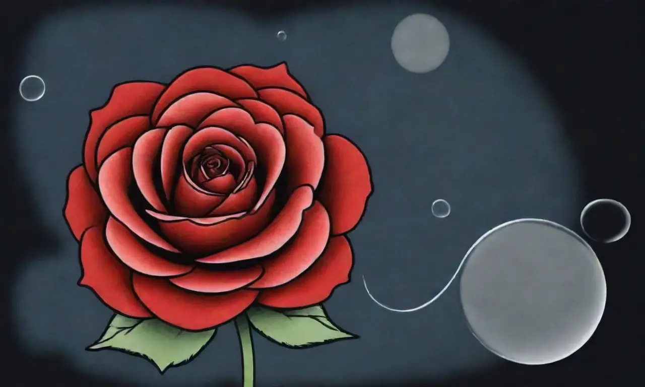 Un rosa rojo en contraste con gotas de tinta negra, símbolo de resiliencia, florece en un cielo atípico