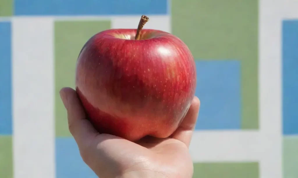 Un mano con manzana roja al fondo de cuadros azules y blancos